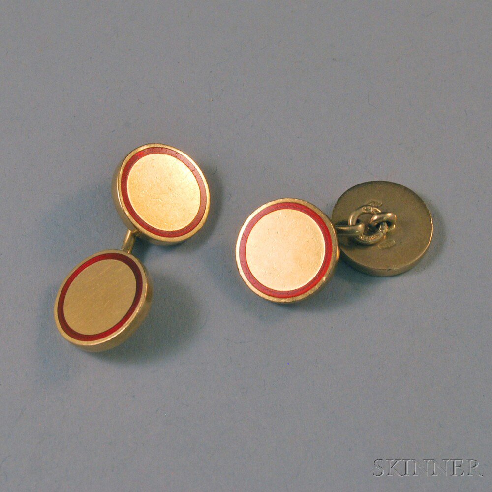 Appraisal: Pair of Heavy kt Gold and Red Enamel Cuff Links