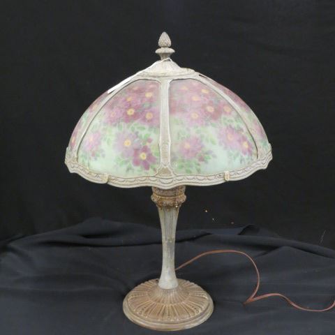 Appraisal: Rainaud Antique Slag Glass Lamp reverse handpainted florals on shade