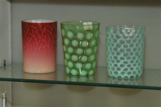 Appraisal: THREE ART GLASS TUMBLERS Shiny Peachblow with coralene decoration ''