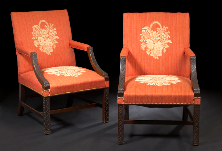 Appraisal: Pair of George III-Style Mahogany Gainsborough Chairs third quarter th