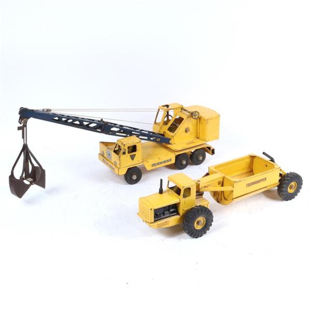 Appraisal: TWO NY-LINT PRESSED YELLOW METAL TOY CONSTRUCTION EQUIPMENT MICHIGAN CRANE