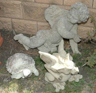 Appraisal: SIX CONCRETE ORNAMENTS INCLUDING TWO CONCRETE BIRD BATHS A GARGOYLE