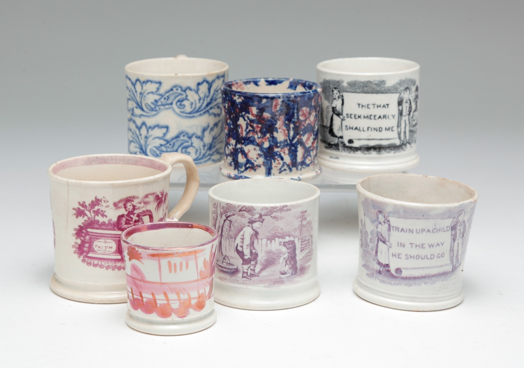 Appraisal: Mid th century Four mugs with transfer decoration and verse