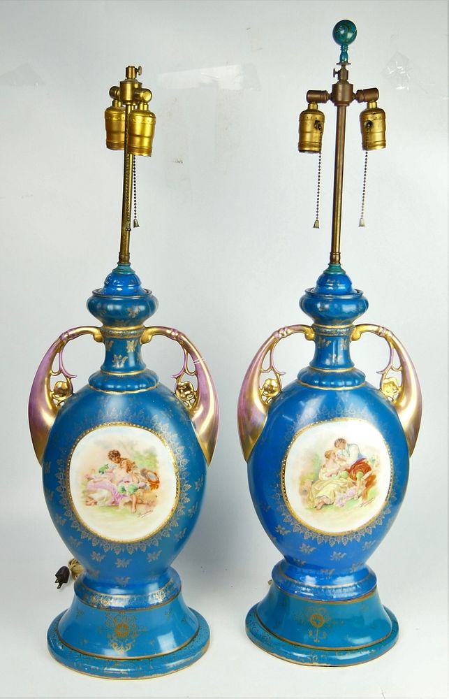 Appraisal: PR ANTIQUE SEVRES STYLE LARGE PARLOR LAMPS From base to