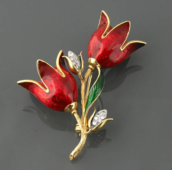 Appraisal: An enamel diamond and k gold flower brooch Tiffany amp