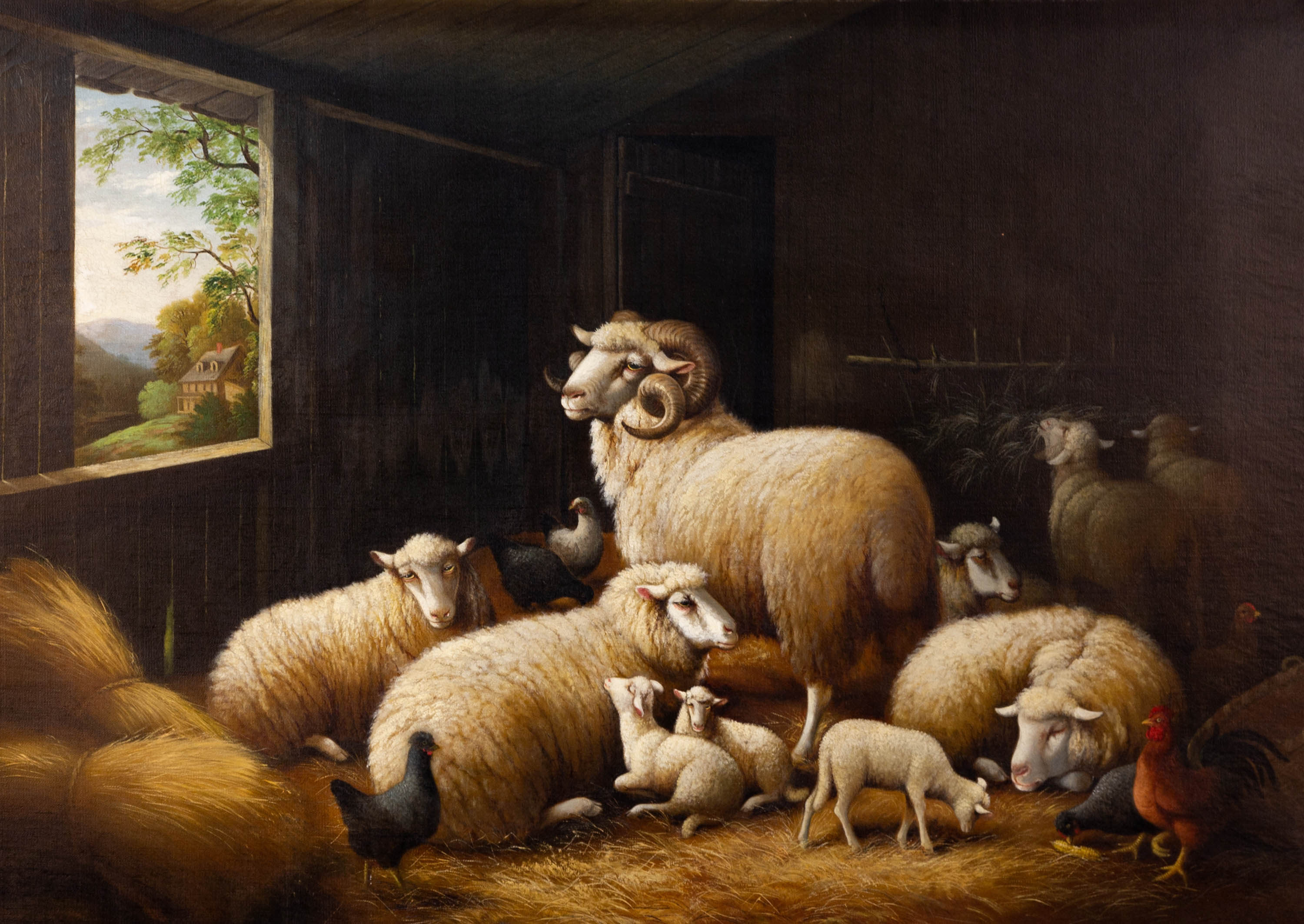 Appraisal: SUSAN C WATERS AMERICAN - BARNYARD GATHERING Oil on canvas