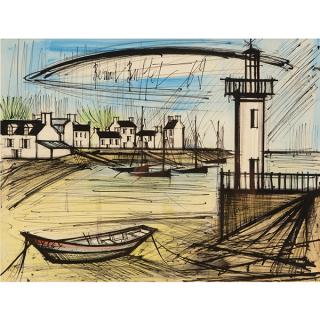 Appraisal: Bernard Buffet Coastal Town with Lighthouse South of France watercolor