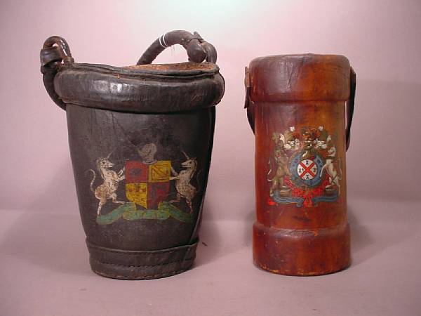 Appraisal: A lot of two English fire buckets Comprising Black leather