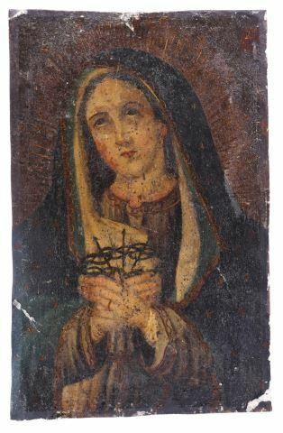 Appraisal: Unframed oil on tin retablo Mexico Nuestra Senora de los