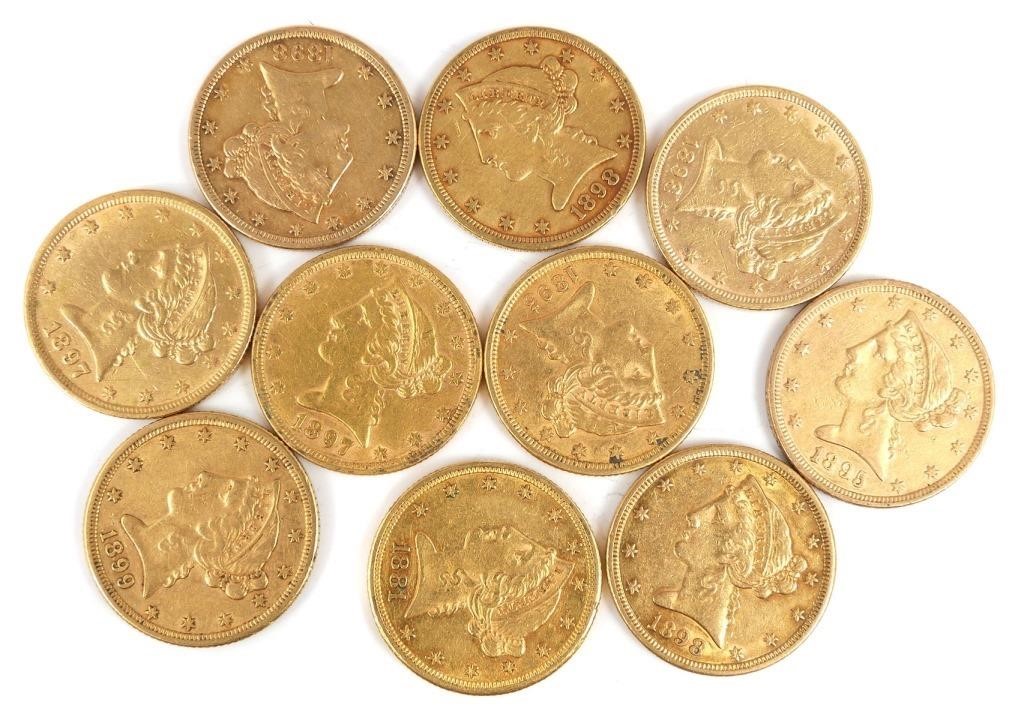 Appraisal: ten United States gold half eagles dated - PLEASE NOTE