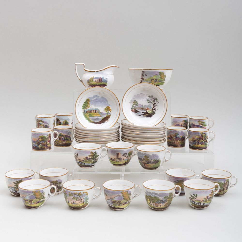 Appraisal: Set of English Transfer Printed and Enriched Porcelain Tea and