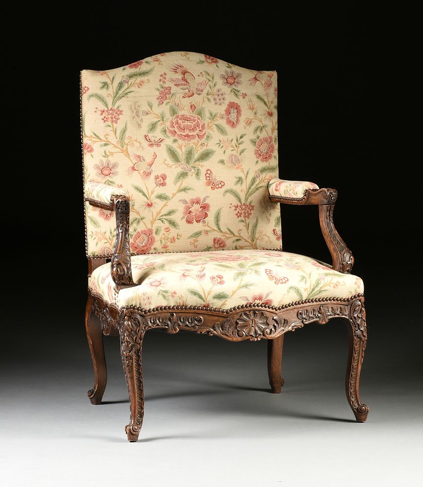 Appraisal: A R GENCE STYLE UPHOLSTERED AND CARVED OAK HIGH BACK