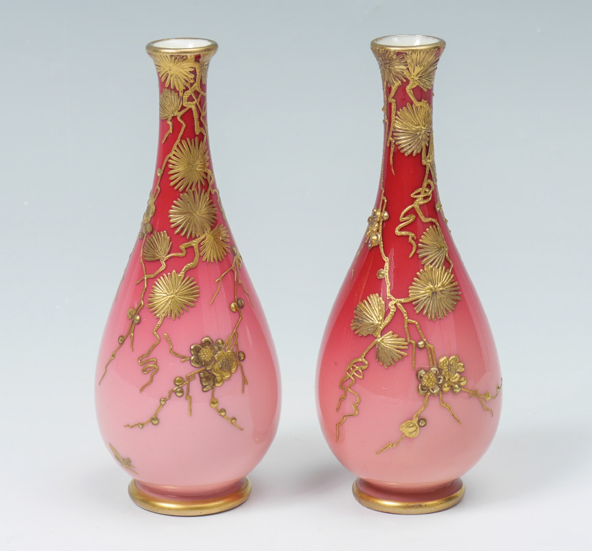 Appraisal: PAIR THOMAS WEBB SONS JULES BARBE GOLD DECORATED PEACH BLOW