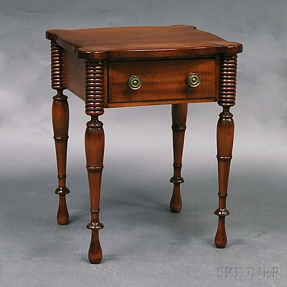 Appraisal: Federal Mahogany Veneer One-drawer Stand the top with turreted corners