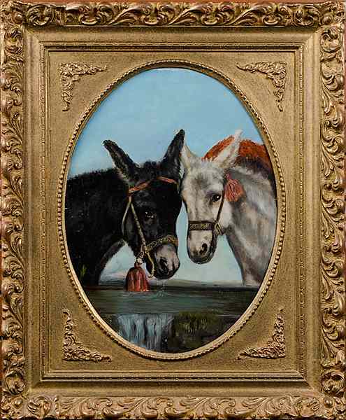 Appraisal: Continental Portrait of Donkeys Oil on Canvas Continental titled Neapolitan