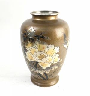 Appraisal: Asian Metal Vase Asian metal vase with peonies and bird