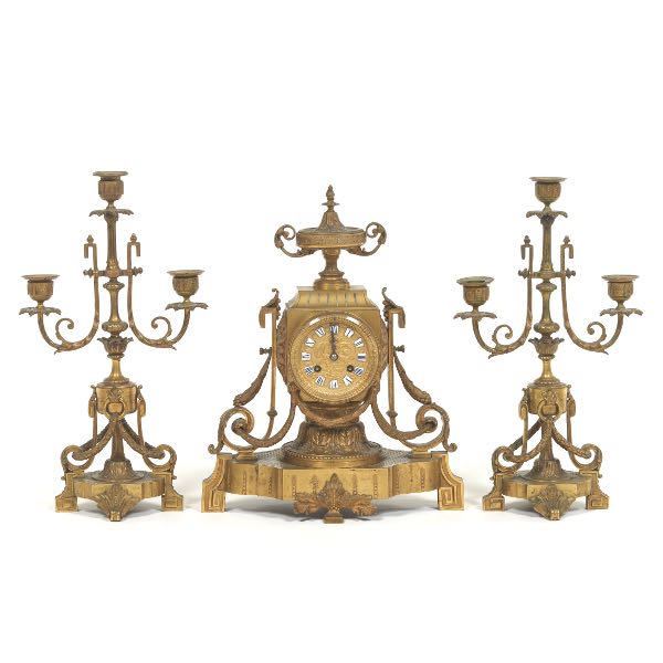 Appraisal: FRENCH EMPIRE GILT BRONZE THREE-PIECE CLOCK GARNITURE CA TH CENTURY