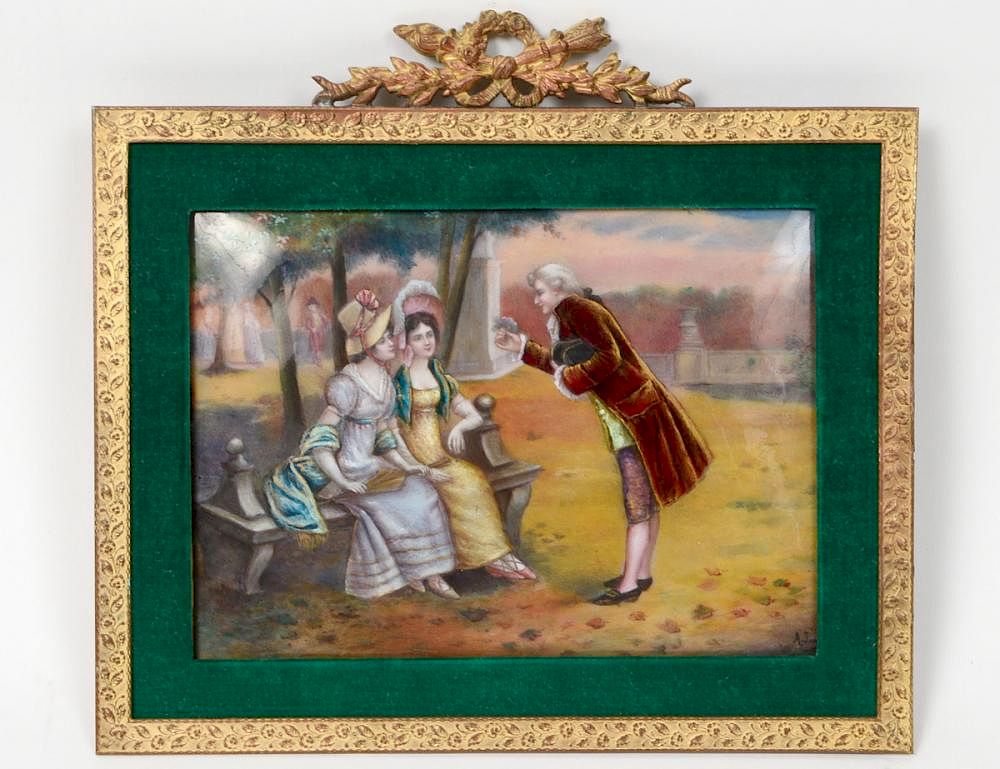 Appraisal: LIMOGES ENAMEL PLAQUE Circa Artist signature Rectangular depicting two ladies