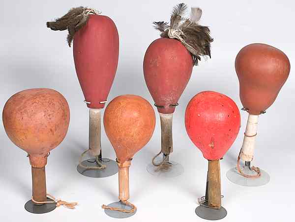 Appraisal: Puebloan Gourd Rattles lot of all with orange painted gourds