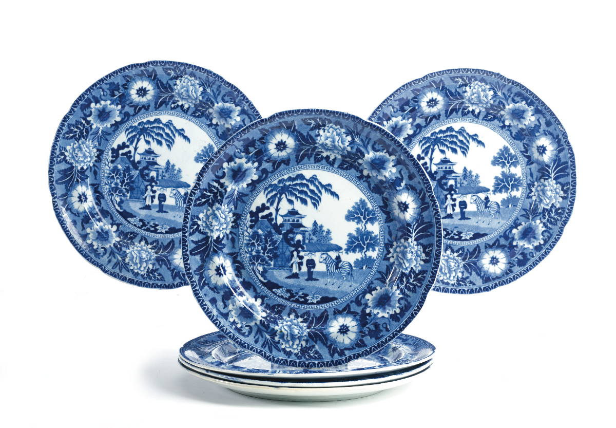 Appraisal: SET OF SIX STAFFORDSHIRE 'ZEBRA' PATTERN BLUE TRANSFER-PRINTED PLATES JOHN