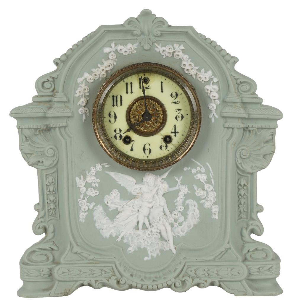 Appraisal: RUDOLSTADT STRAUSS GREEN PORCELAIN MANTEL CLOCKstamped factory mark to underside