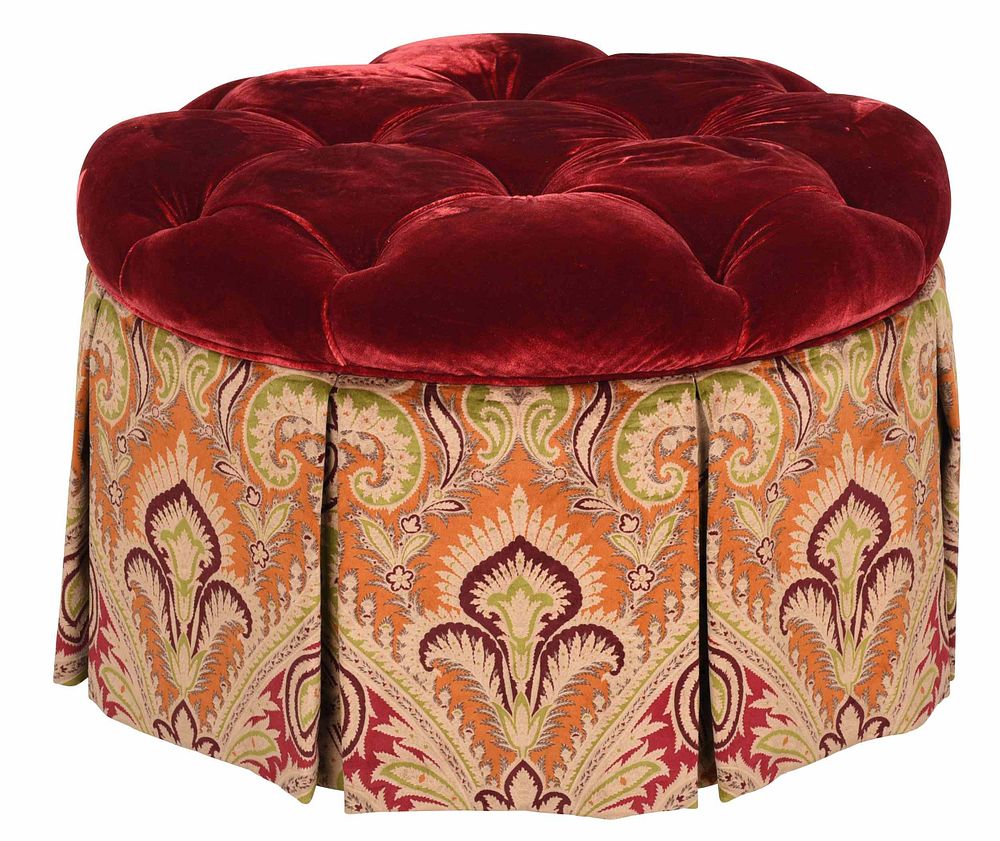 Appraisal: Tufted Red Velvet Paisley Upholstered Ottoman modern with deep red