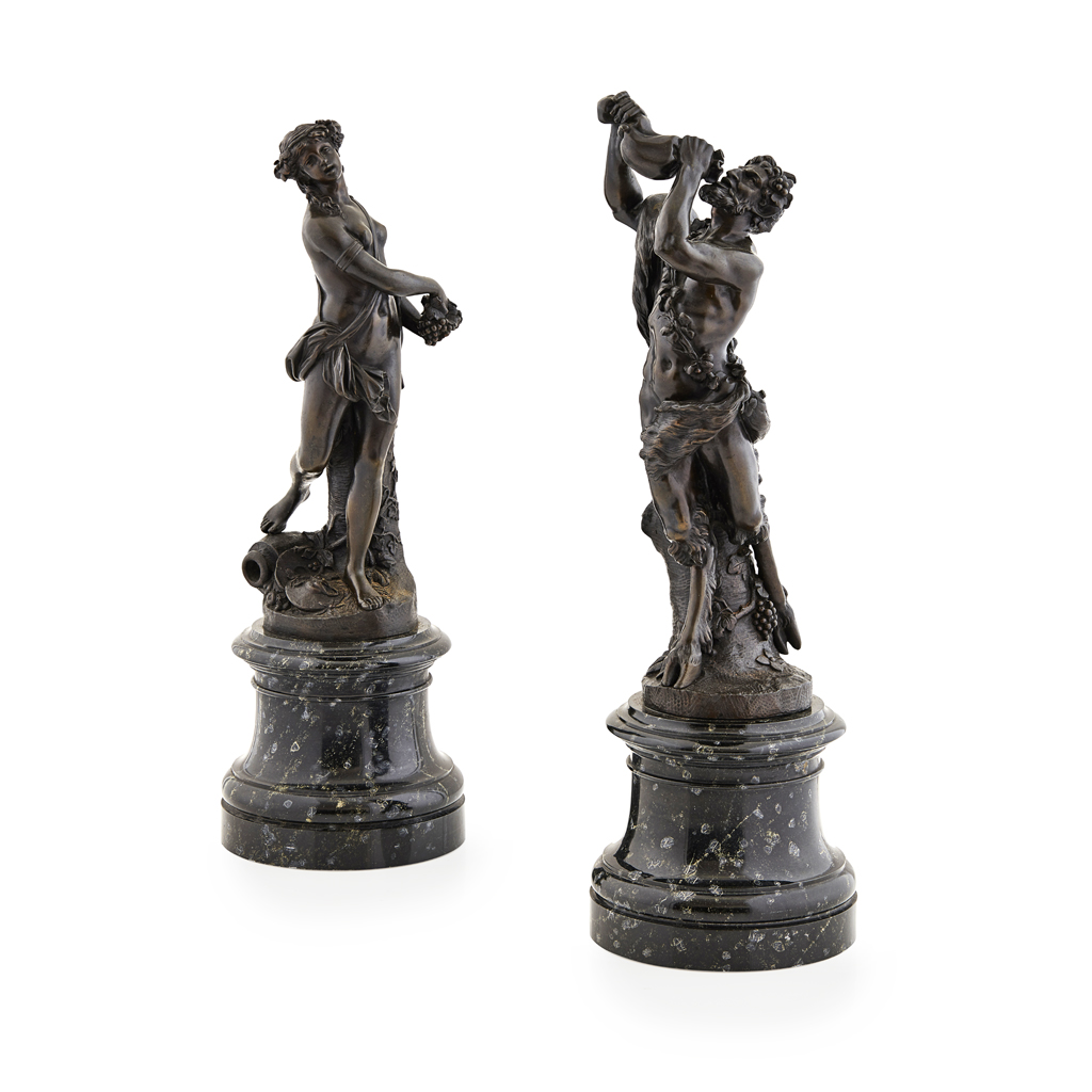 Appraisal: PAIR OF FRENCH BRONZE FIGURES OF A BACCHANTE AND SATYR