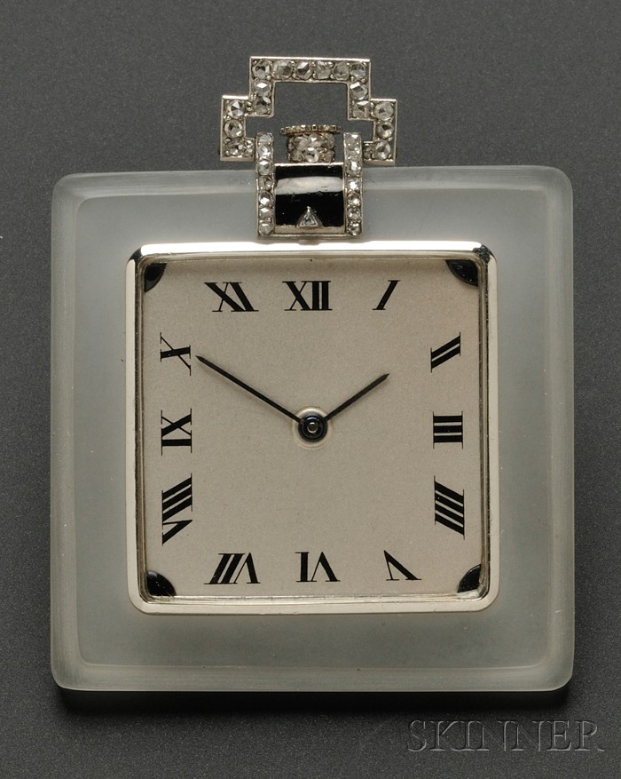 Appraisal: Art Deco Rock Crystal Diamond and Enamel Pendant Watch the