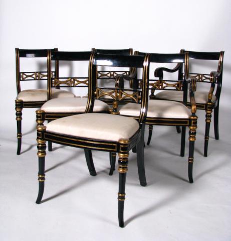 Appraisal: Six black and gold painted dining chairs Duncan Phyfe style