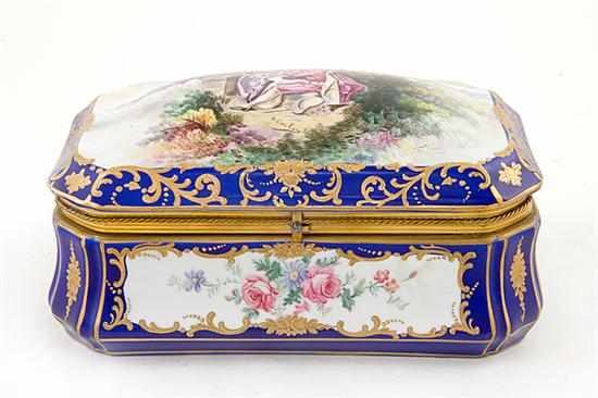 Appraisal: Sevres style floral-decorated porcelain trinket box romantic scene on hinged