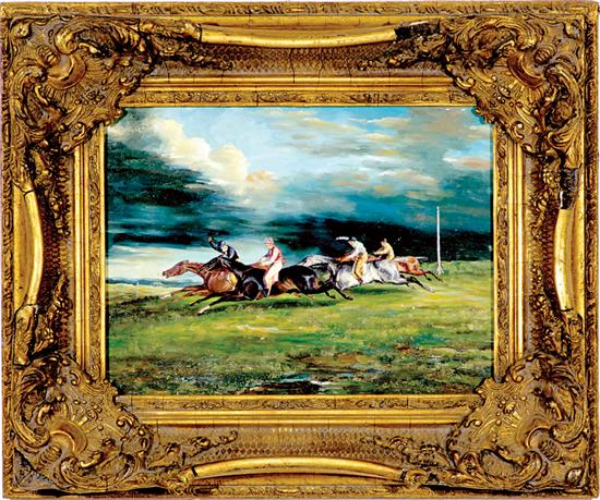 Appraisal: British school th century HORSERACING oil on panel framed unsigned