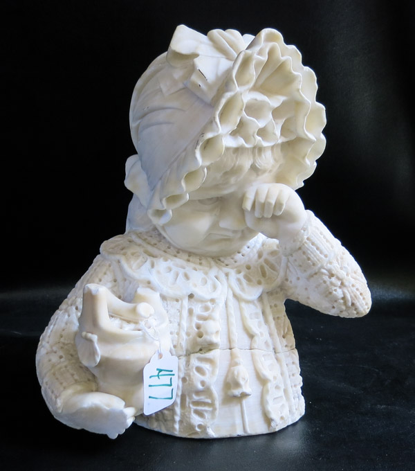 Appraisal: CARVED ALABASTER BUST depicting a sad young girl with bonnet