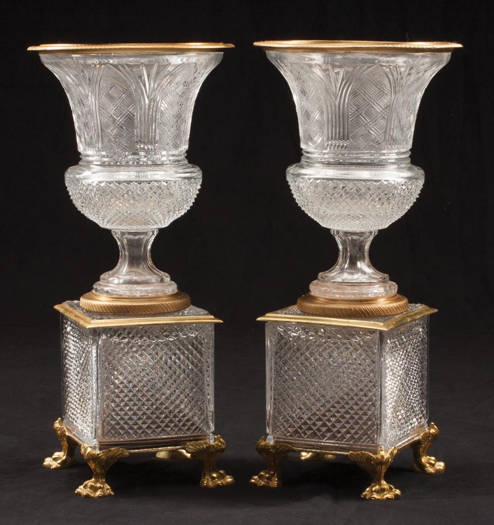 Appraisal: Pair of Baccarat-Style Bronze-Mounted Cut Crystal Urns tall plinth base