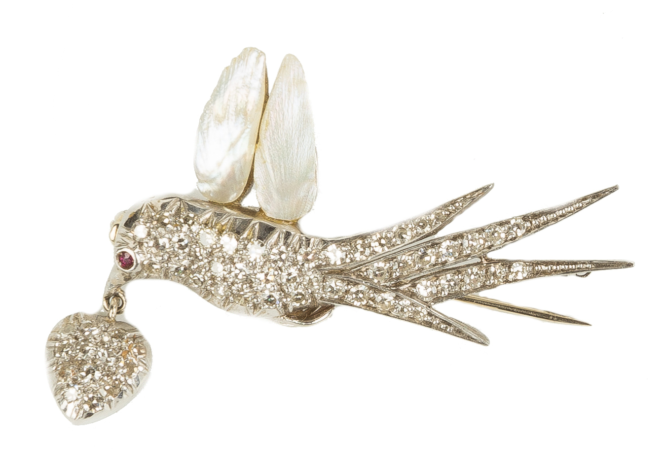 Appraisal: Platinum Bird Pin with Fresh Water Pearl Wings Diamonds Ruby