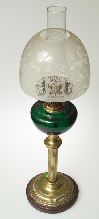 Appraisal: VICTORIAN BRASS COLUMNAR OIL LAMP with floral acid-etched shade above