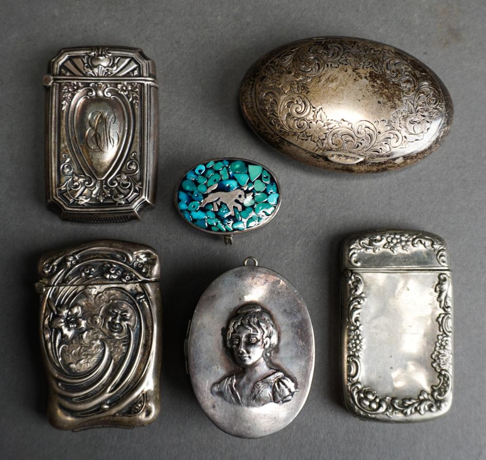 Appraisal: Six Assorted Sterling Silver Match Safes and Boxes Including Mexican