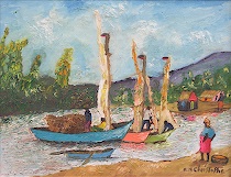 Appraisal: Osmin Christophe Haitian b Sailboats at a shoreline village Oil