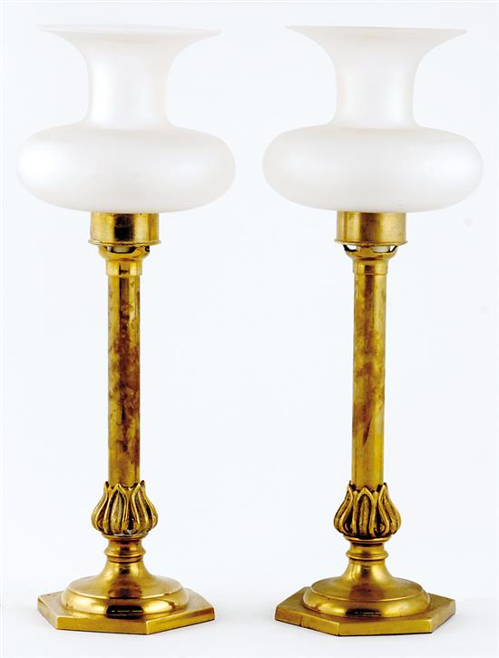 Appraisal: Pair brass candlestick-form lamps frosted glass shades supported by cylinder