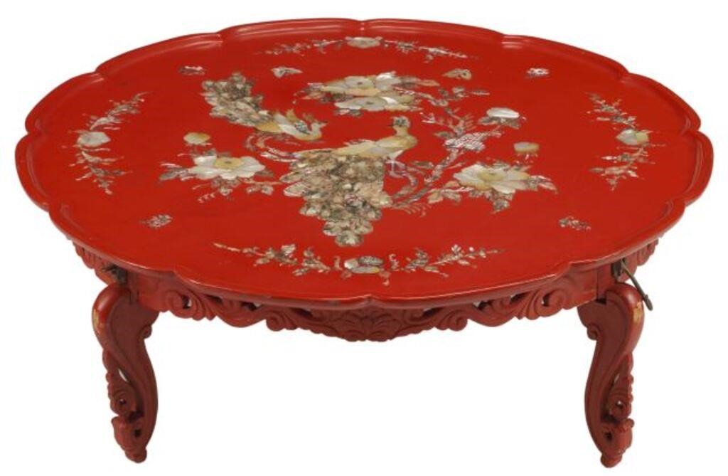 Appraisal: Japanese red lacquer and inlaid metamorphic tea table approx h