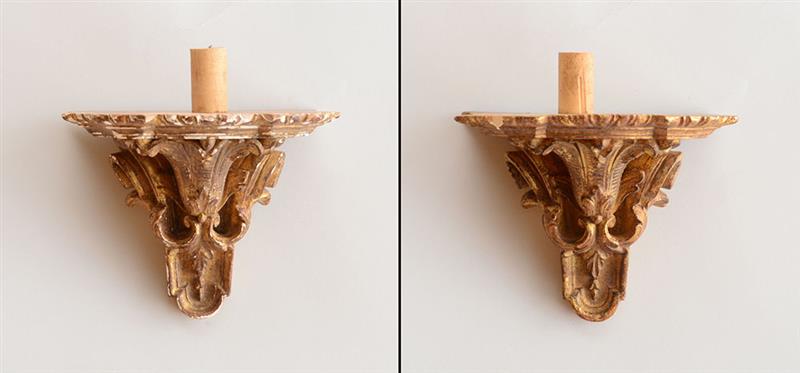 Appraisal: PAIR OF R GENCE STYLE CARVED GILTWOOD WALL BRACKETS Each