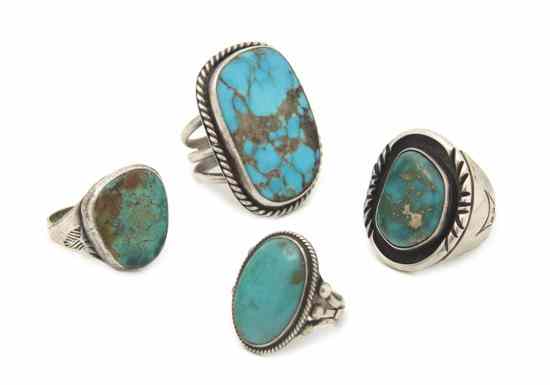 Appraisal: A Collection of Four Gentleman's Sterling Silver and Turquoise Rings