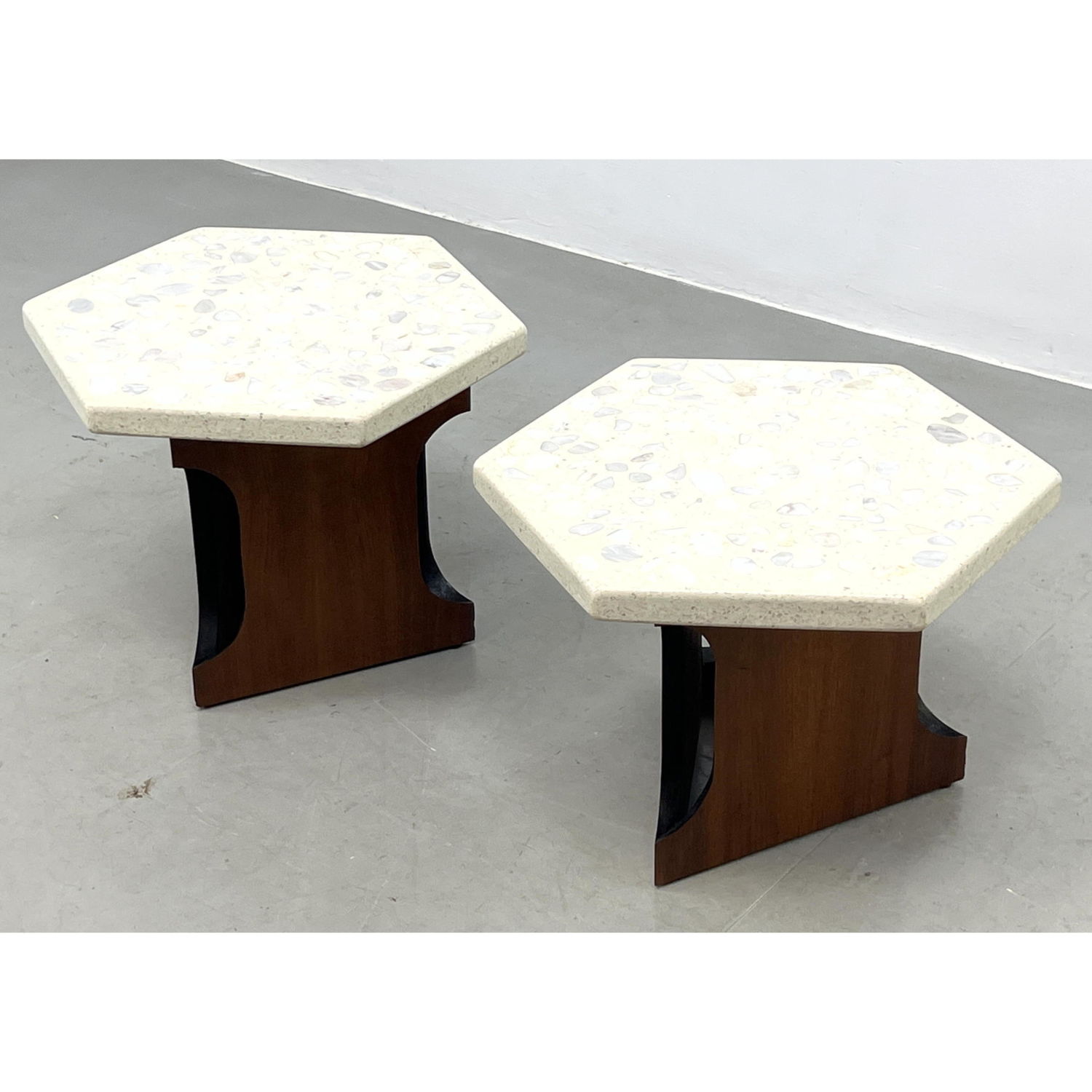 Appraisal: Pr HARVEY PROBBER American Modern Walnut Tables Terrazzo Marble Hexagon