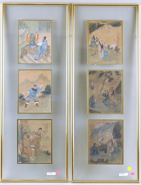 Appraisal: Pair Framed Chinese Painted Panels pigments on fabric five signed