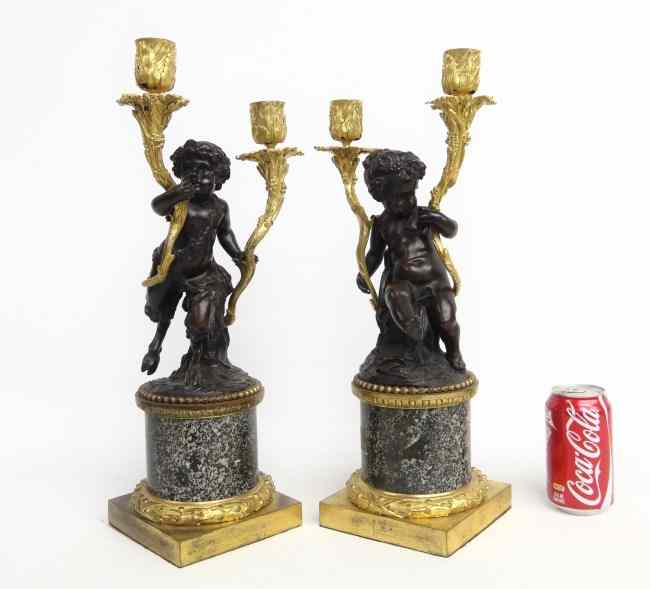 Appraisal: Pair th c fire gilt and bronze French candelabrum ''