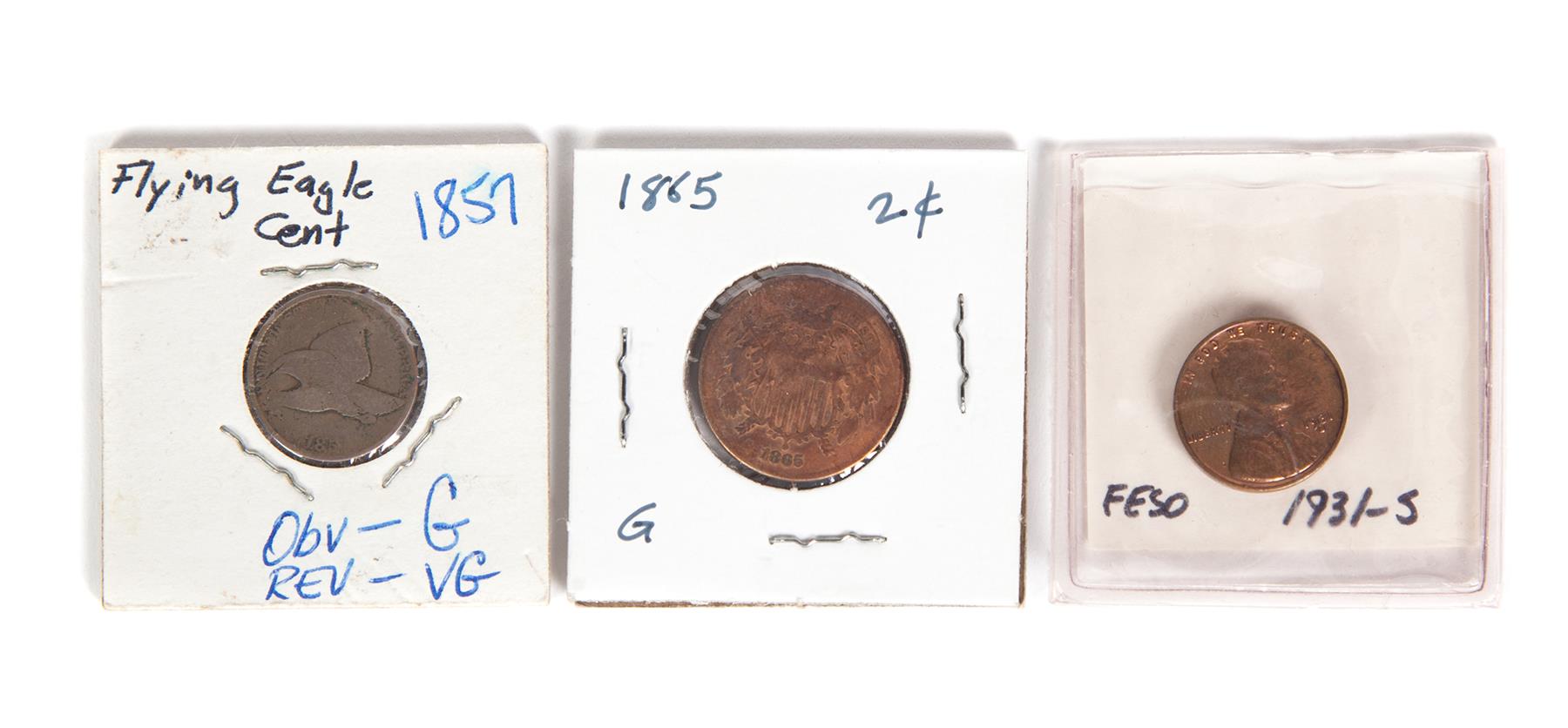 Appraisal: THREE COINS flying eagle one-cent piece and an two-cent piece