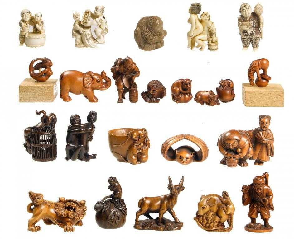 Appraisal: A COLLECTION OF NETSUKE TH CENTURY four of ivory fifteen