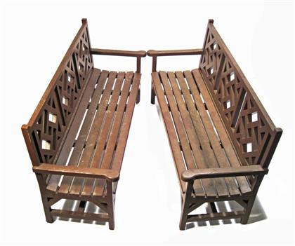 Appraisal: Pair of brown painted outdoor benches th century