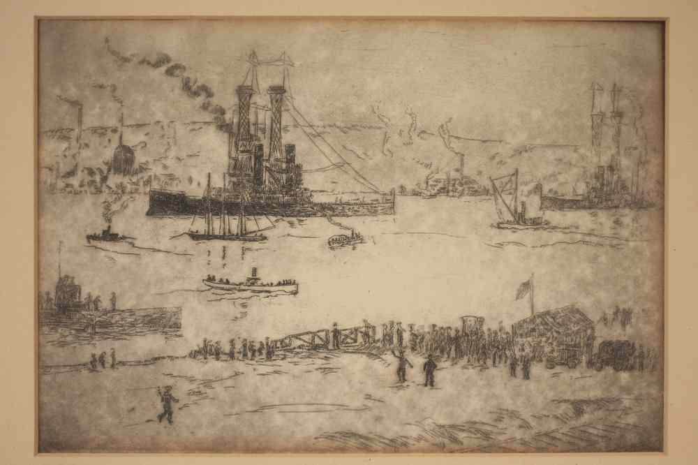 Appraisal: ETCHING - Unsigned harbor view ca 's depicting two battleships