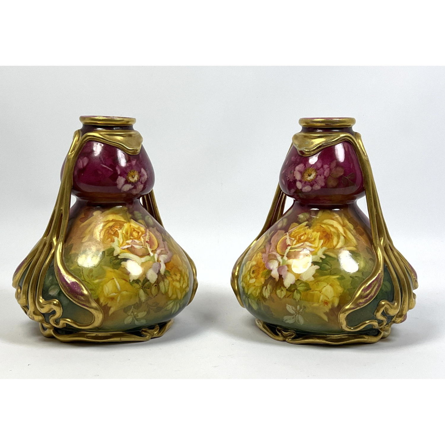 Appraisal: Pr ROYAL BONN Germany Antique Vases Yellow Roses Ornate Art