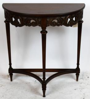 Appraisal: Vintage American demi-lune console with carved apron Plaque on underside